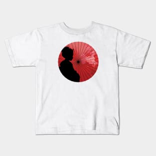 Vintage comic japanese flag with geisha girl, sakura flower, umbrella Kids T-Shirt